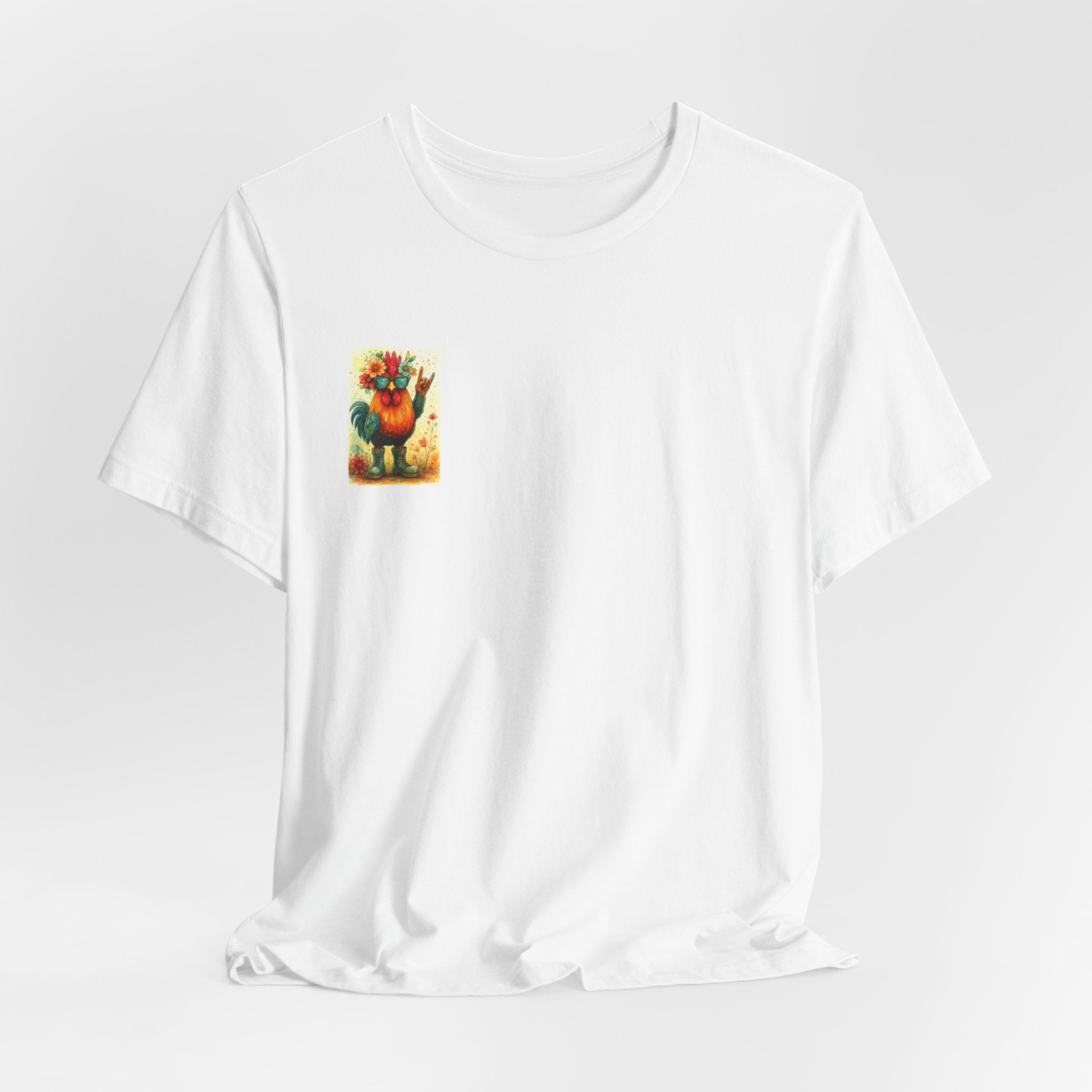 Cool Chicken Chick T-Shirt — Colorful Floral Rooster Graphic Tee