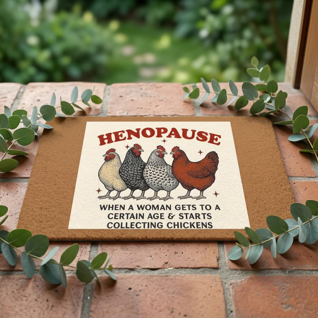 Henopause chicken illustration Polyester Doormat | funny hen graphic, farmhouse welcome mat