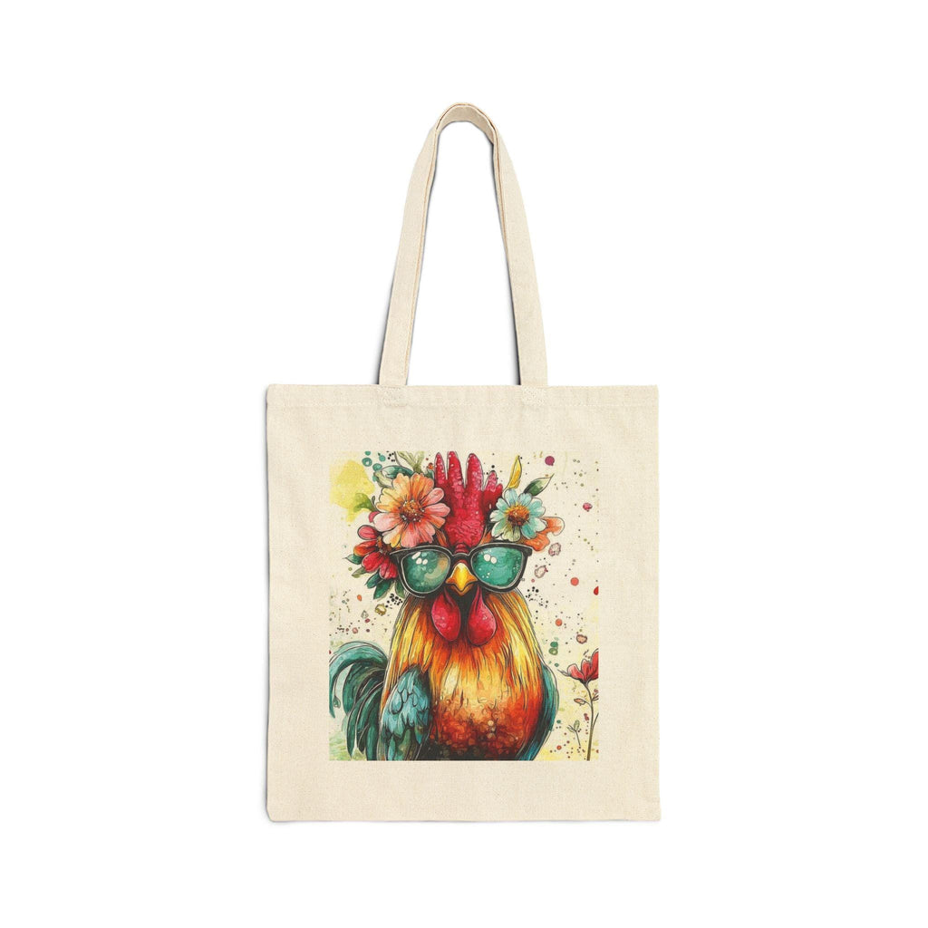 Colorful Rooster with Sunglasses and Flower Crown Tote | Canvas Market Bag