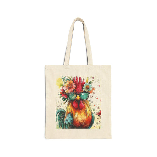 Colorful Rooster with Sunglasses and Flower Crown Tote | Canvas Market Bag